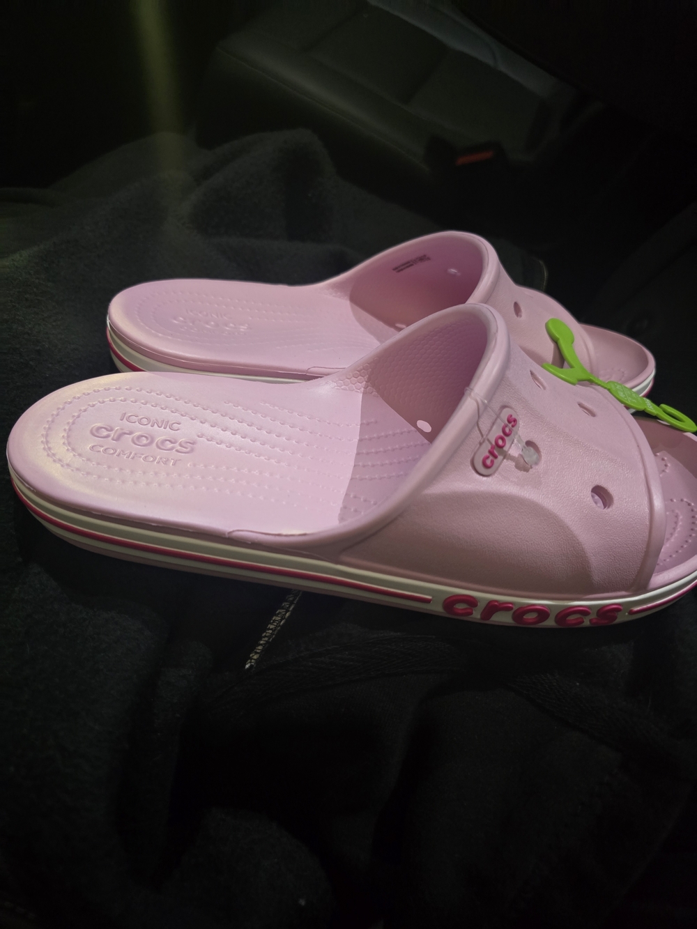 CROCS Pink Slide Sandals with Green Tag - Picture 2 of 3